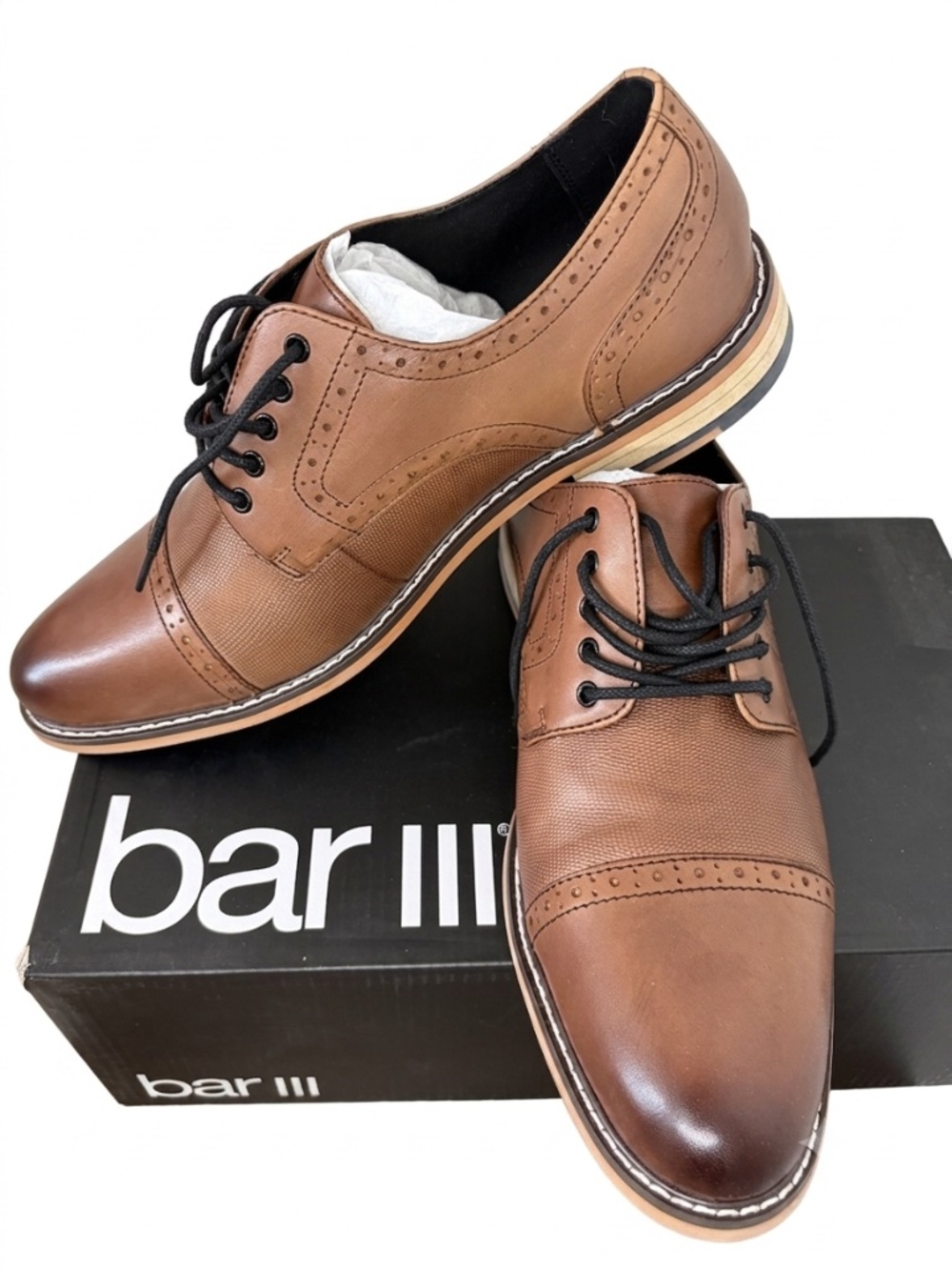 NIB Bar III Men’s Cognac Tan Leather Brogue Cap Toe Oxfords Dress Shoes. 10 M - Picture 2 of 7
